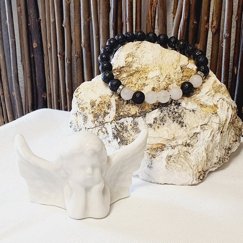 Heilstein Paar-Armbänder Bergkristall mit Kunzit & Lava mit Rosenquarz