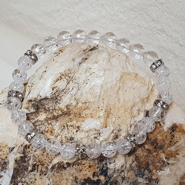 Bergkristall Heilstein Armband facettiert und cracked Perlen mit Schmuckelementen 6 mm