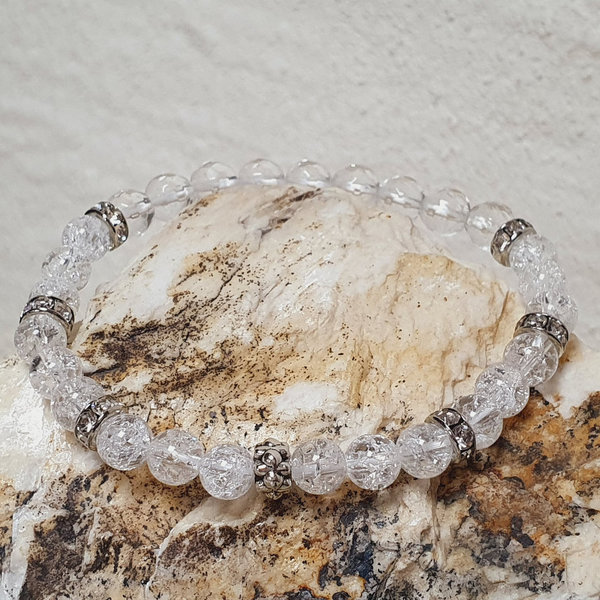 Bergkristall Heilstein Armband facettiert und cracked Perlen mit Schmuckelementen 6 mm