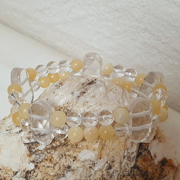 Heilstein Design Armband Bergkristall facettiert und Orangencalcit poliert